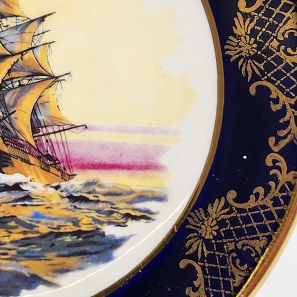Vintage Cobalt Blue Ceramic Collector Plate With Ship Scene and Gold Accents - Picture 5 of 12